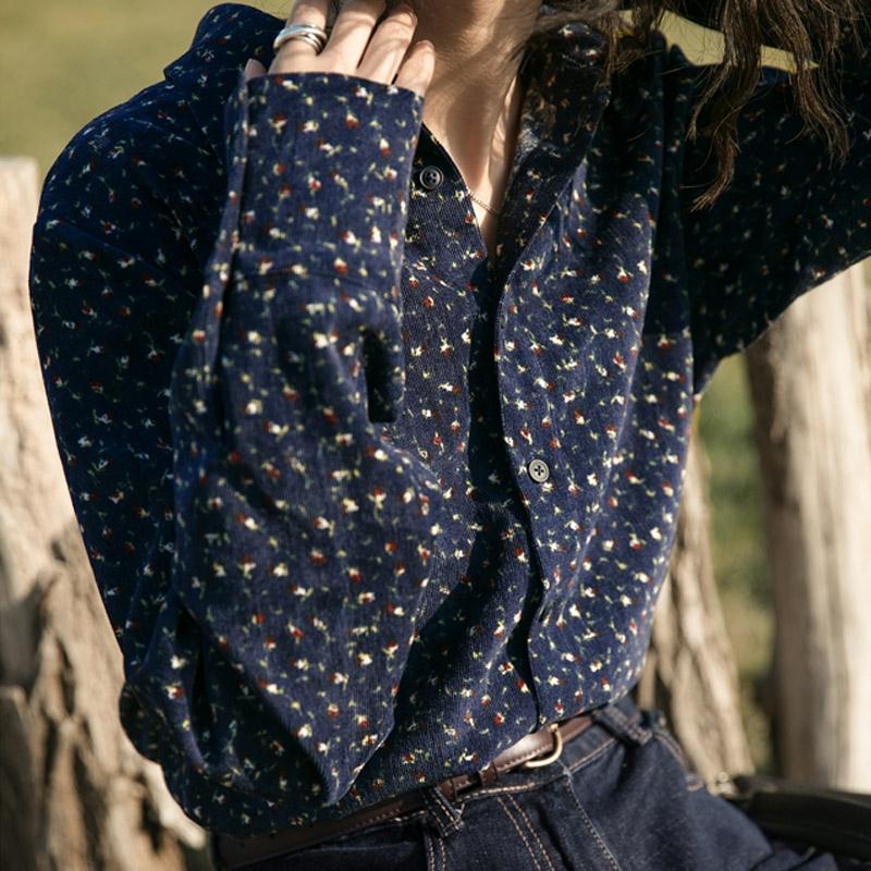 Koszula damska z grubego sztruksu w kwiaty w stylu retro Hong Kong, jesień, nowa, szykowna, z długim rękawem