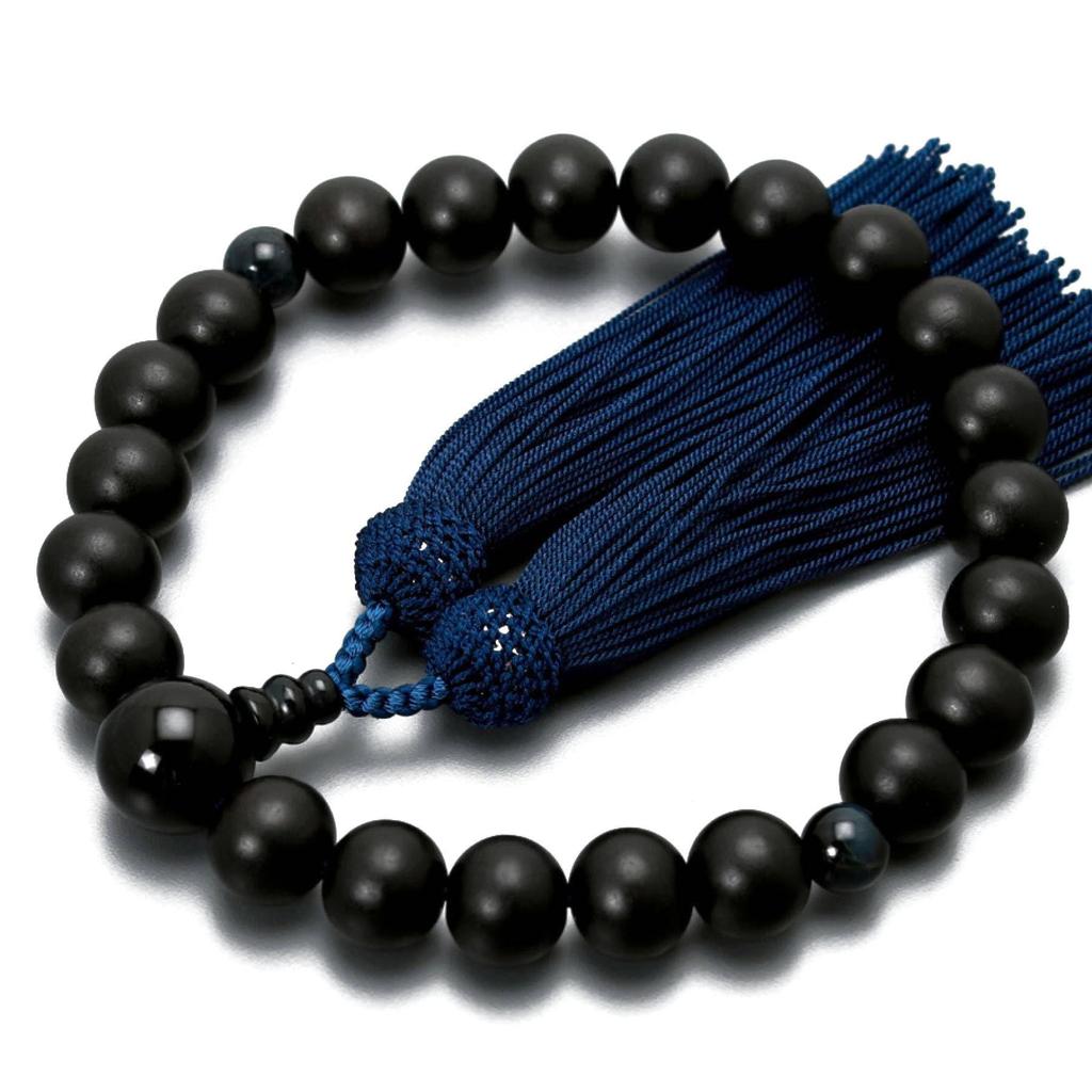 Men's Kyoto Buddhist Prayer Beads, Matte Ebony, 22 Beads, Blue Tiger's Eye Stone, Silk Tassel, Suitable for All Sects, Informal Funerals, Buddhist