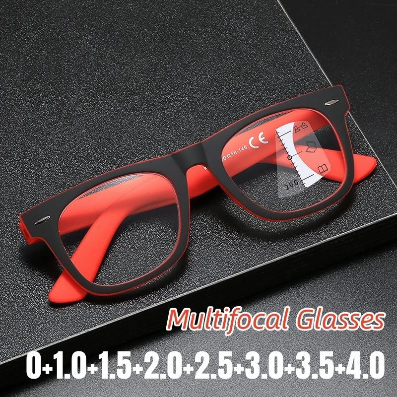 Unisex Fashion Multifocal Reading Glasses High Definition Anti-blue Light Eyewear Square Progressive Presbyopia Frame 0 +4.0