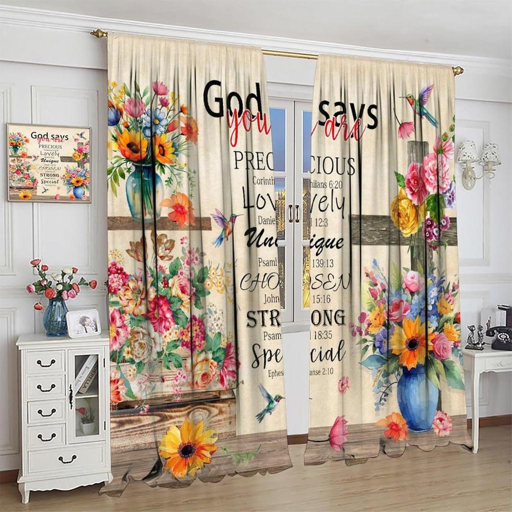 Birds Bible Verse Kitchen Curtains, Christian Rustic Flower Cross Scripture Quote Hummingbird Window Drapes For Bedroom