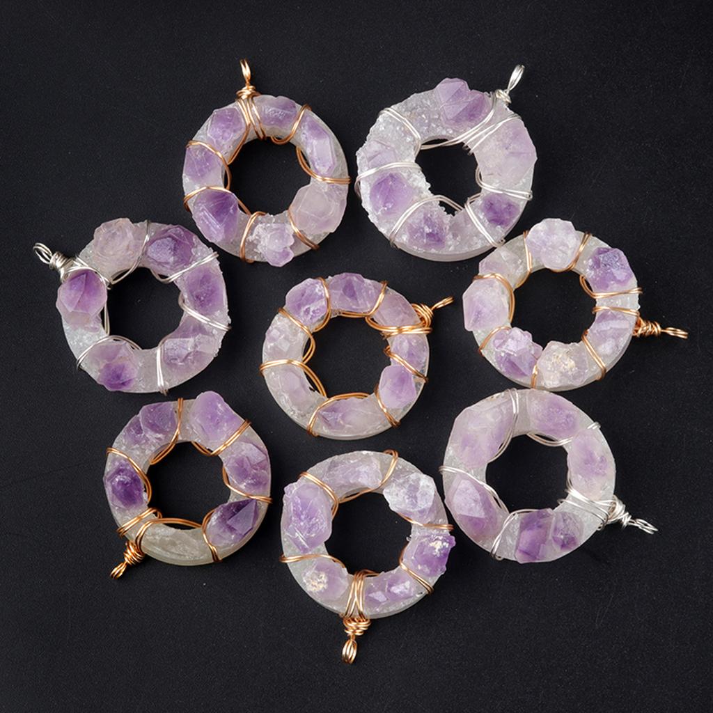 1Pc Healing Amethyst Necklace Purple Crystal Donut Raw Stone Wire Wrap Necklaces for Women Men Jewelry 38x38 Mm