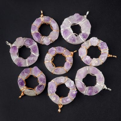 1 Stück heilende Amethyst-Halskette, lila Kristall, Donut-Rohstein, Drahtwickel-Halsketten für Damen und Herren, Schmuck, 38 x 38 mm