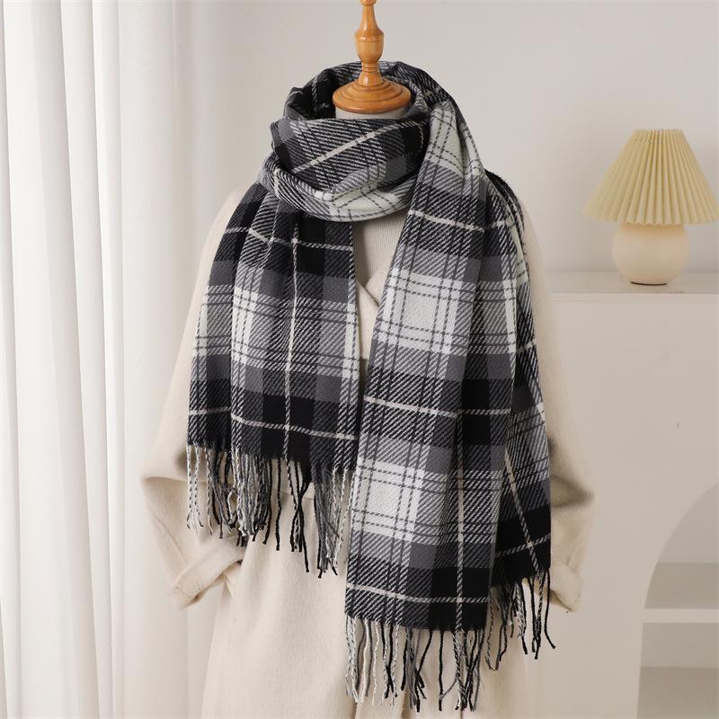 Korean Retro Plaid Autumn and Winter Warm and Cold Scarf Shawl Commuting Versatile Couple Tassel Imitation Cashmere Scarf