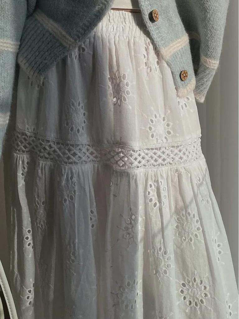 "Little Fresh" Solid Color Lace Hollow Cotton Umbrella Skirt - Women’s White Skirt