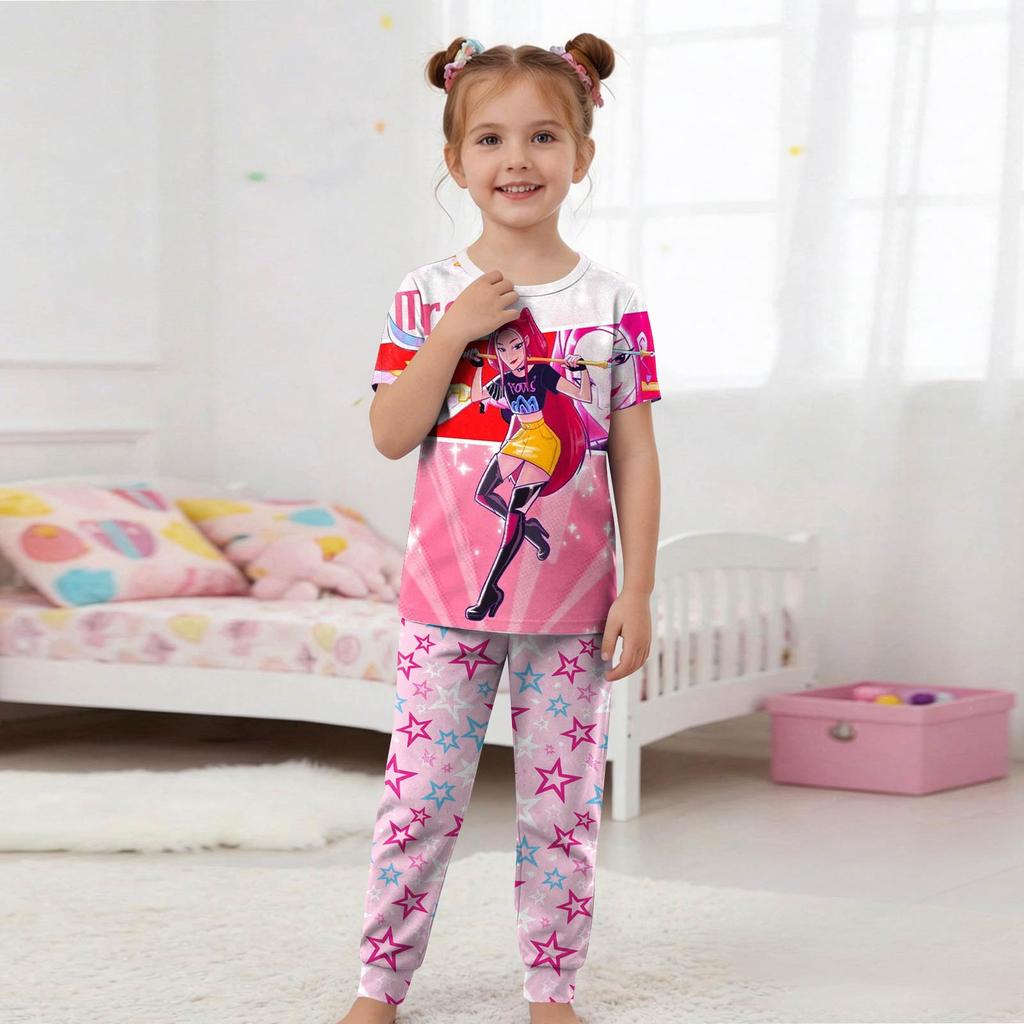 Kids Fashion Outfit Set Round Neck Short Sleeve Top and Pants Printed Design Comfortable Fit Suitable for Daily Wear and Playtime