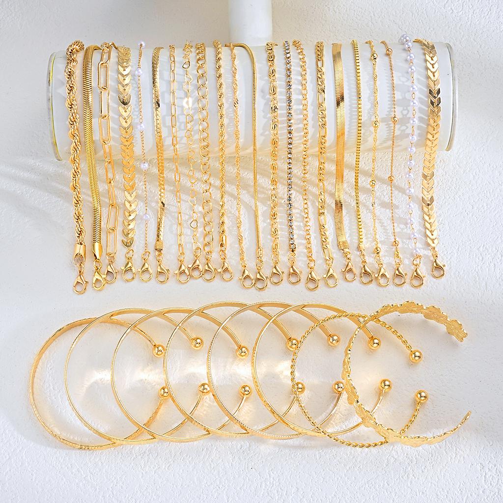 30Pcs Gold Color Stackable Bracelet Set For Women Flower Pearl Chain Textured Cuban Link Bracelets Trendy Layered Jewelry Gifts