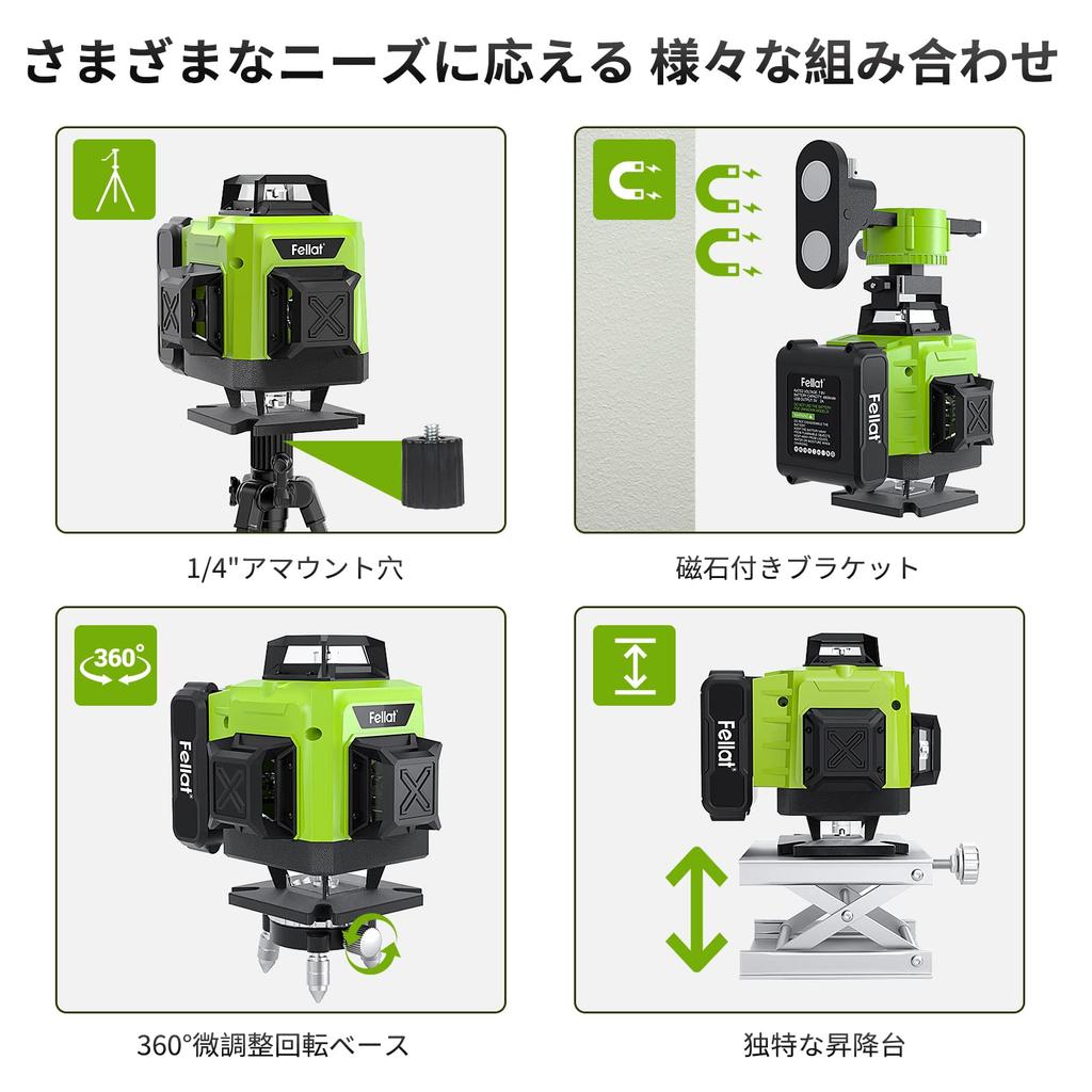 FELLAT Laser Level 4×360° 16-Line Green, Self-Leveling & Receiver-Compatible (Green)