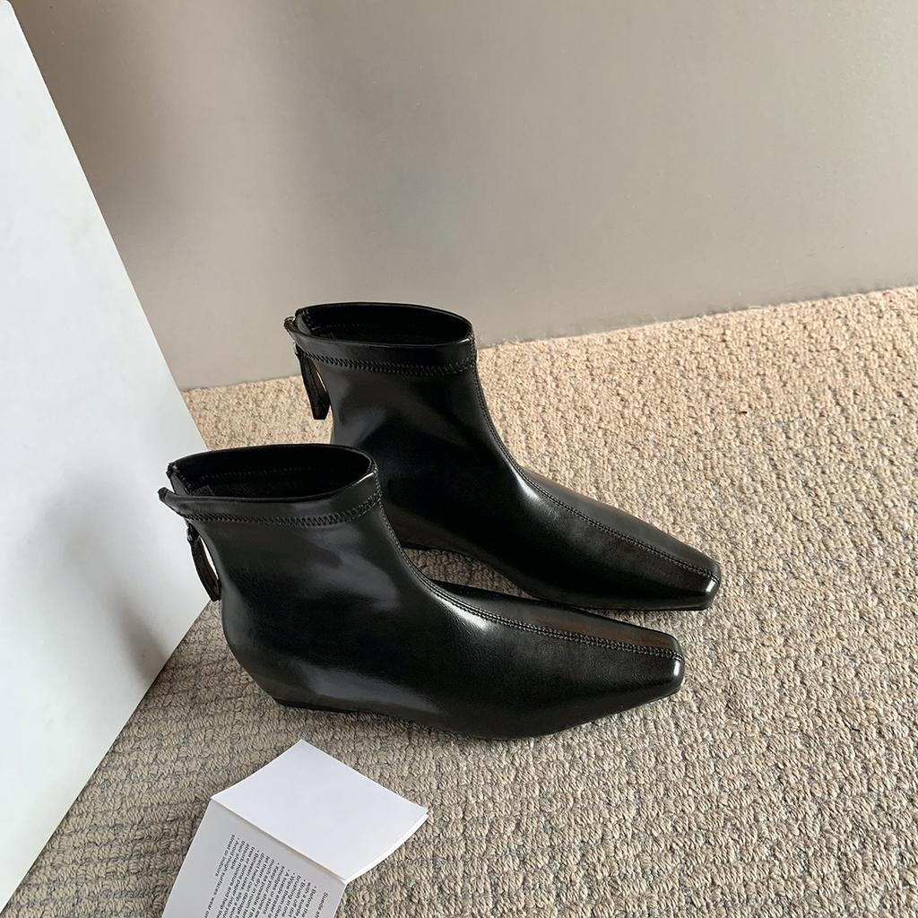 Sheepskin~ Korean retro suede versatile~ 5cm inner height increase minimalist small square head rear zipper thin boots short boots women