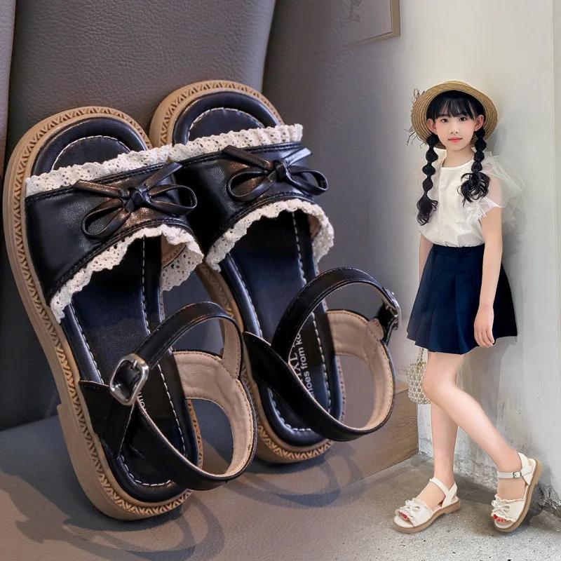 Fashion Girl's Summer Sandals Ruffles Matte Pu Leather Daily Kids Sliders Flat Stylish Open Toe Anti-slip Sweet Children Shoes 26-36