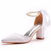 7cm Thick Heel Pointed Sandals Straps for Women's Sandals White Beaded Satin Cloth Bridal High Heels Large Size