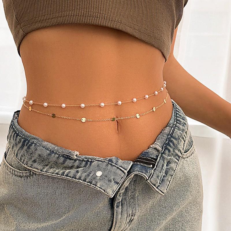 Double-Layer Faux Pearl & Metal Sequin Waist Chain - Stylish European & American Design
