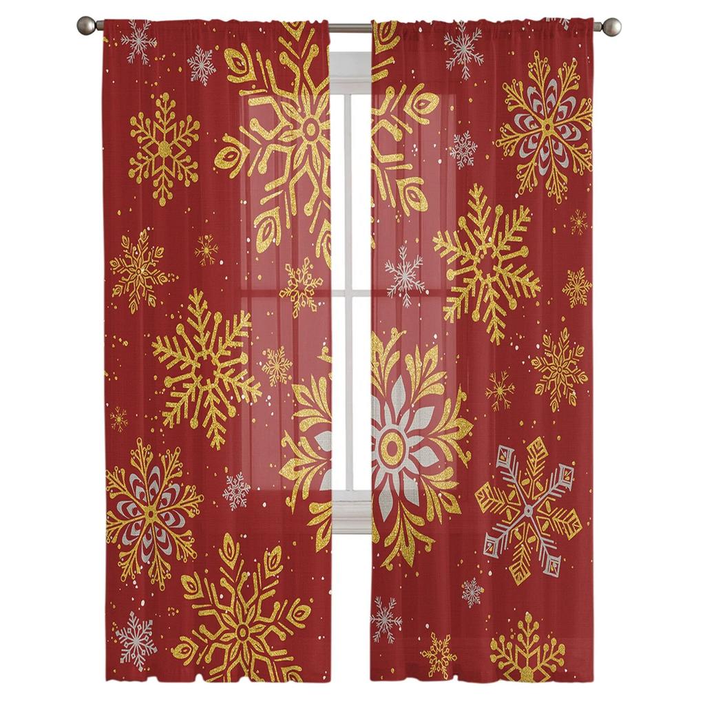 Christmas Hand Drawn Snowflakes Window Tulle Curtains For Living Room Kitchen Christmas Home Decor Sheer Voile Curtains
