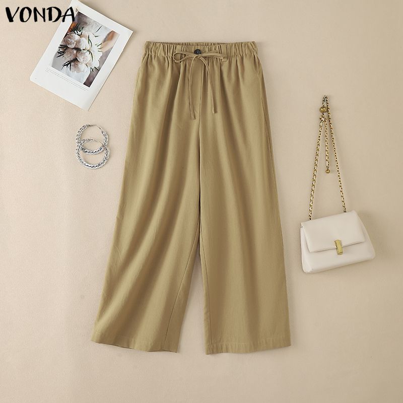 VONDA Vintage Women Elastic Waist Retro Loose Wide Leg Pants S