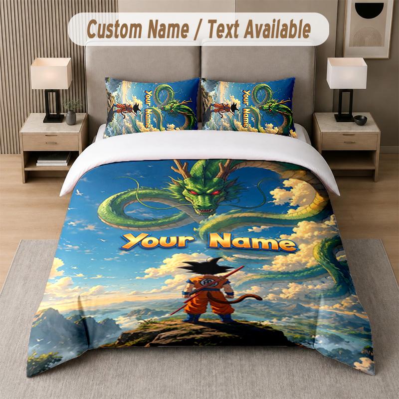 Dragon Ball 3Pcs Bedding Set, Personalized Custom Name Text, 1 Duvet Cover & 2 Pillowcases For Bedroom