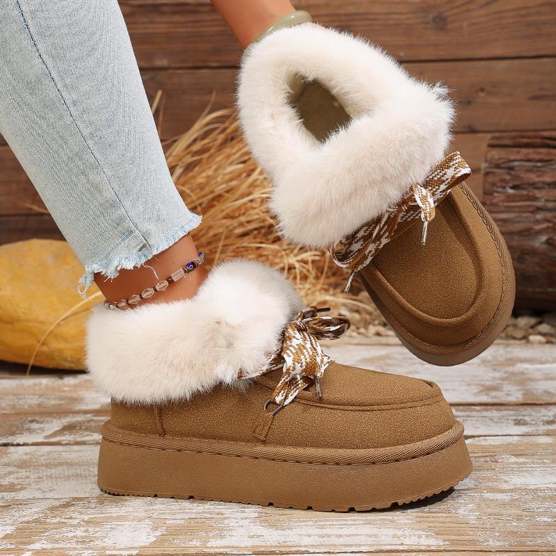Lace-up Snow Boots Winter New Round Toe Suede Platform Wool Warm Cotton Boots