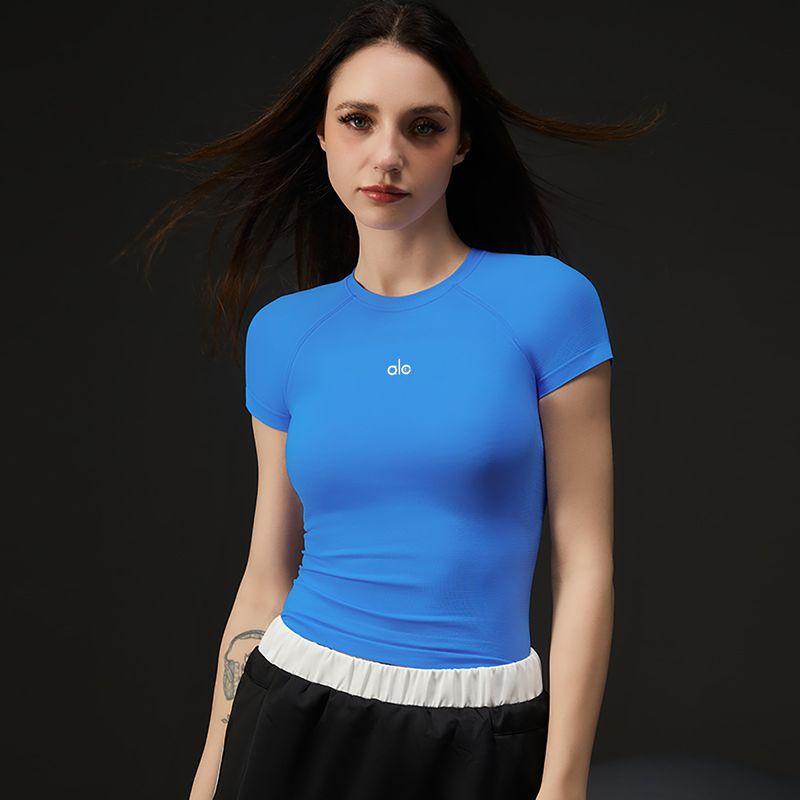 

Aloneadv Yoga Clothes Short sleeve Women Summer Sports Slim fit Slimming Quick-Drying Stretch T-shirt Fitness Cycling Top Blue L