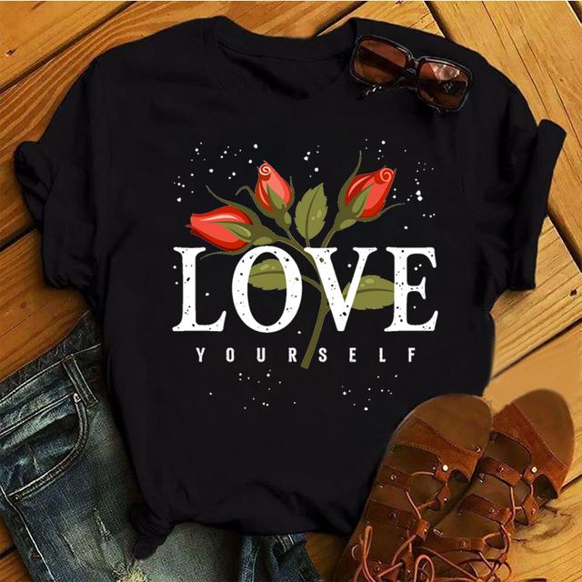 Fashion Women T Shirt Flower Printed T Shirt Casual Black Tops 90s Ladies Girl Tee Shirt Female Harajuku Graphic T -Shirt