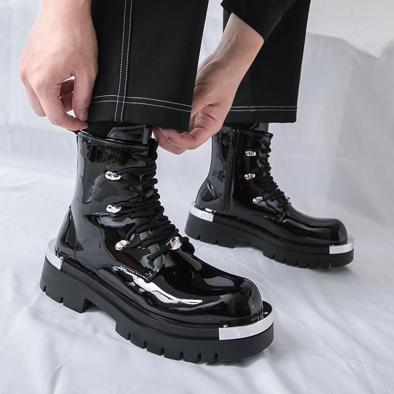 Men’s Thick Sole Platform Punk Patent Leather Boots Elevator Street Style Big Head Motorcycle Boots High Boots Plus Size