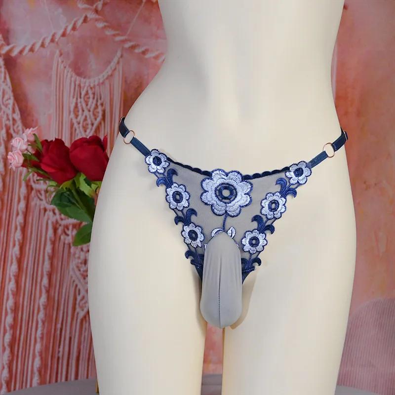 75 kg Große Größe Sissy Pouch Höschen Verstellbarer Bund T-Hose Transparente Stickerei Niedrige Taille G-String Kugel Trennung Dessous