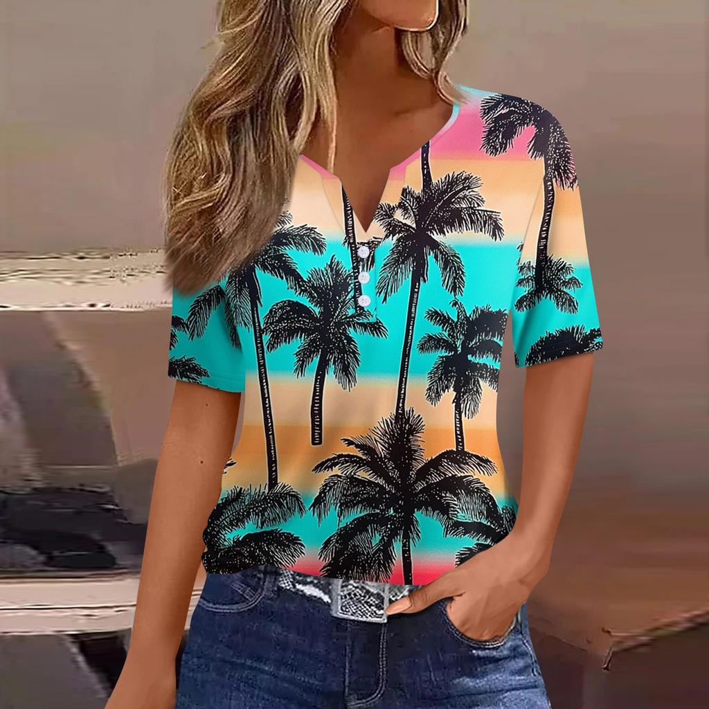 Women's T Shirt Print Button Short Sleeve Daily Weekend Fashion Basic V- Neck Regular Top