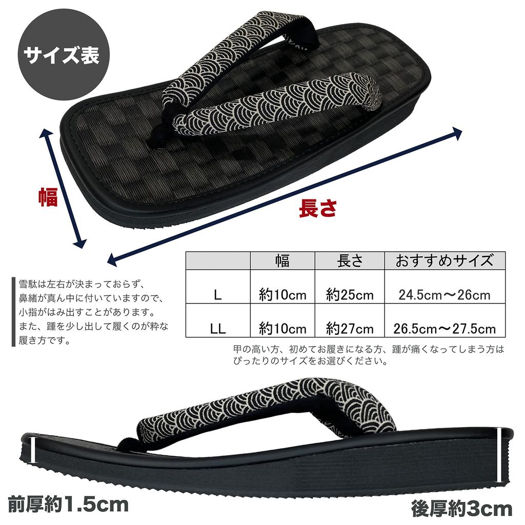 Edoten Geta Tillverkade i Svart Igusa Rutiga Japansk Stil Sandaler med Svarta Svampsulor och Japanskt Mönstrade Seigaiha Storlek L Sandaler, Japan,