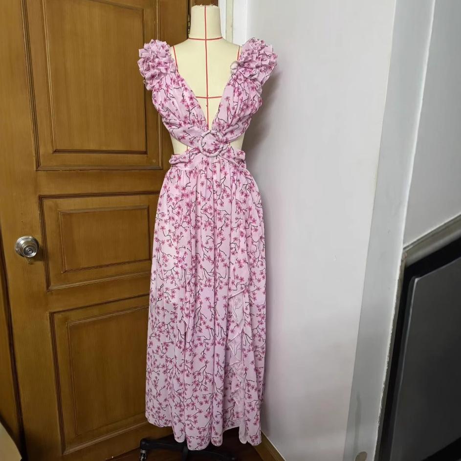 Autumn Europe, America, New Fashion and Leisure Home Floral Backless Waist Temperament French Dress Women