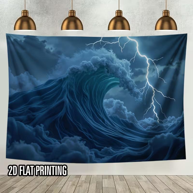 

2D Aesthetic Storm Tapestry, Ocean Wave with Lightning Wall Art 47.2x31.5inch/120*80cm