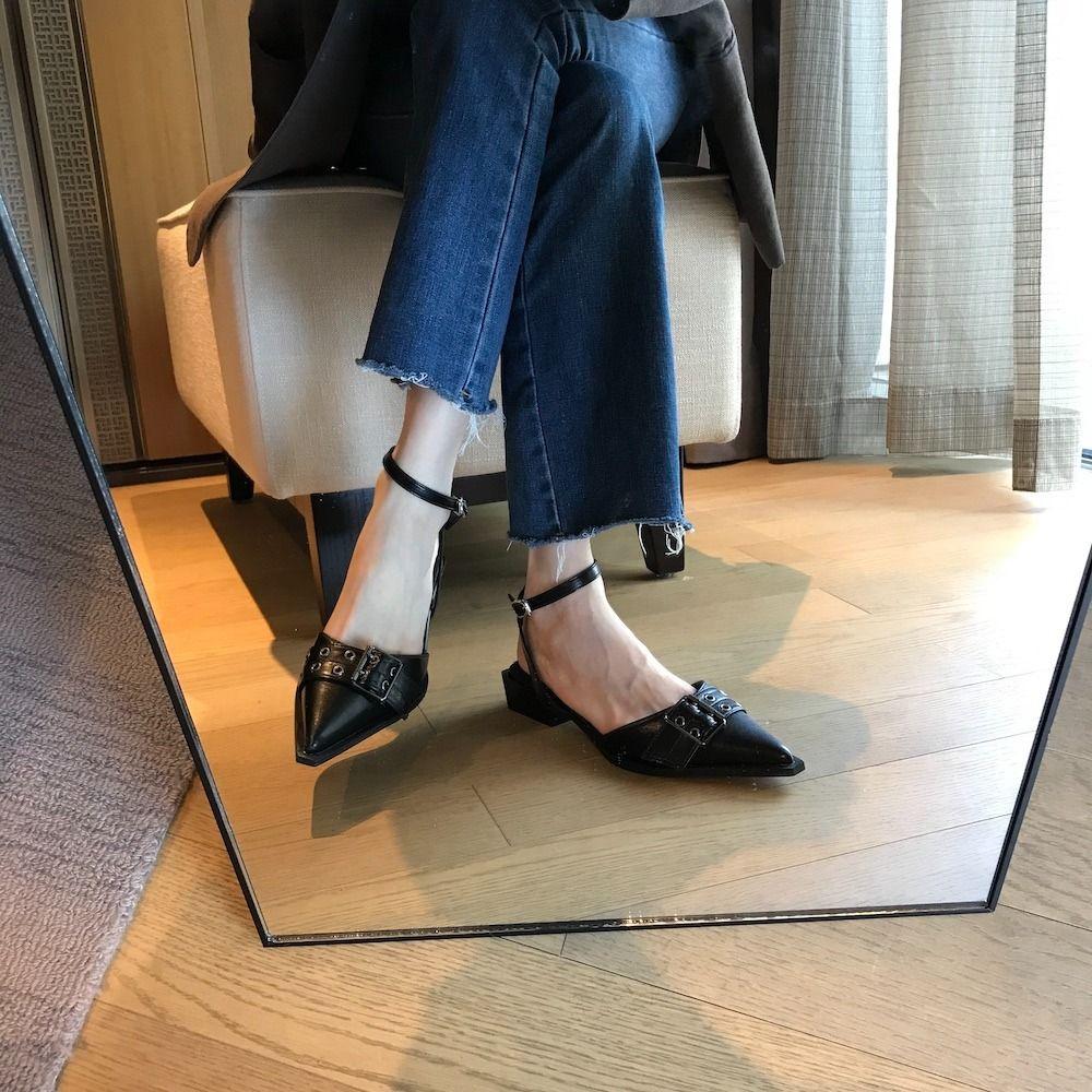 Sandals for Women with Low Heels Square Summer 2024 Closed Ladies Shoes Pointed Toe Footwear Strap Beige Korea On Offer Vintage