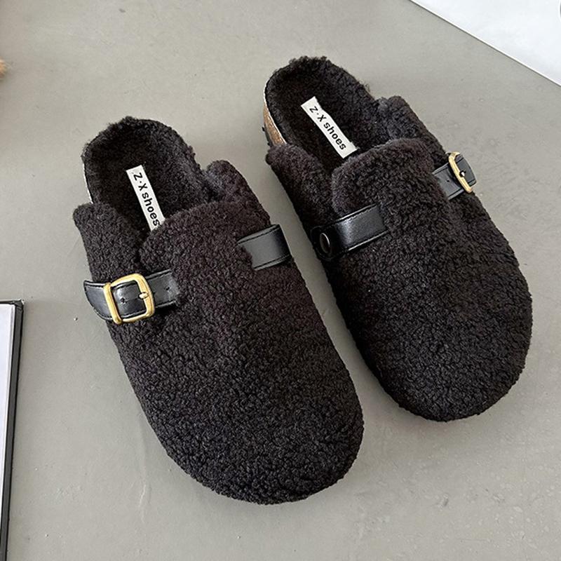 Moda Luksusowy Projektant Wełna Jagnięca Zima Bawełniane Buty Kobiety Kapcie Ciepłe Pluszowe Kręcone Owcze Futro Płaskie Klamra Pasek Muły Mokasyny Mujer