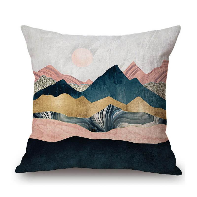 Home Decorative Nordic Metallic Gold Art Lotus Flower Cactus Sunrise Scenery Sofa Throw Pillow Case Cotton Linen Cushion Cover