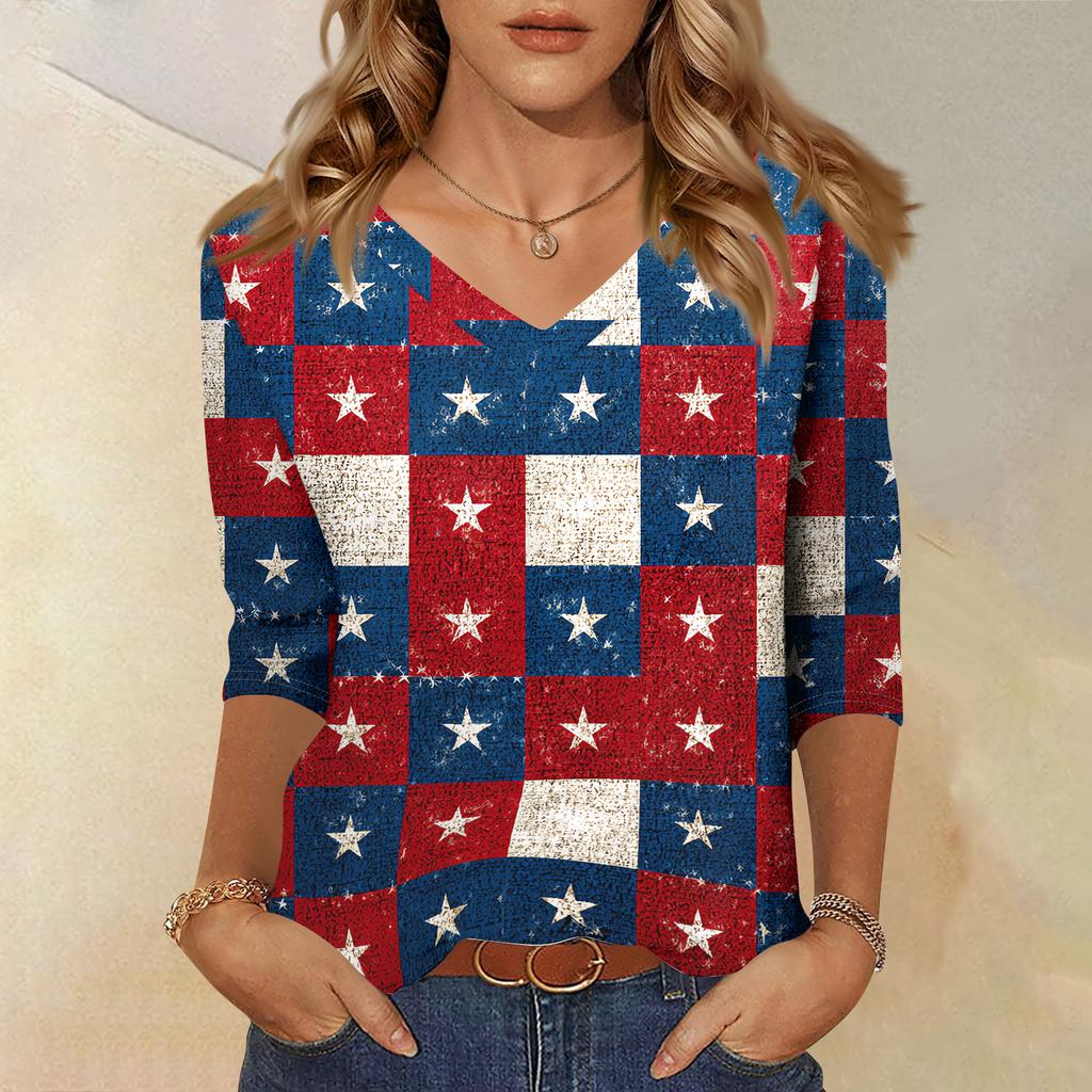 Women's Tops Three-quarter Sleeve Shirt V-neck Loose Casual Shirt Print T-shirt