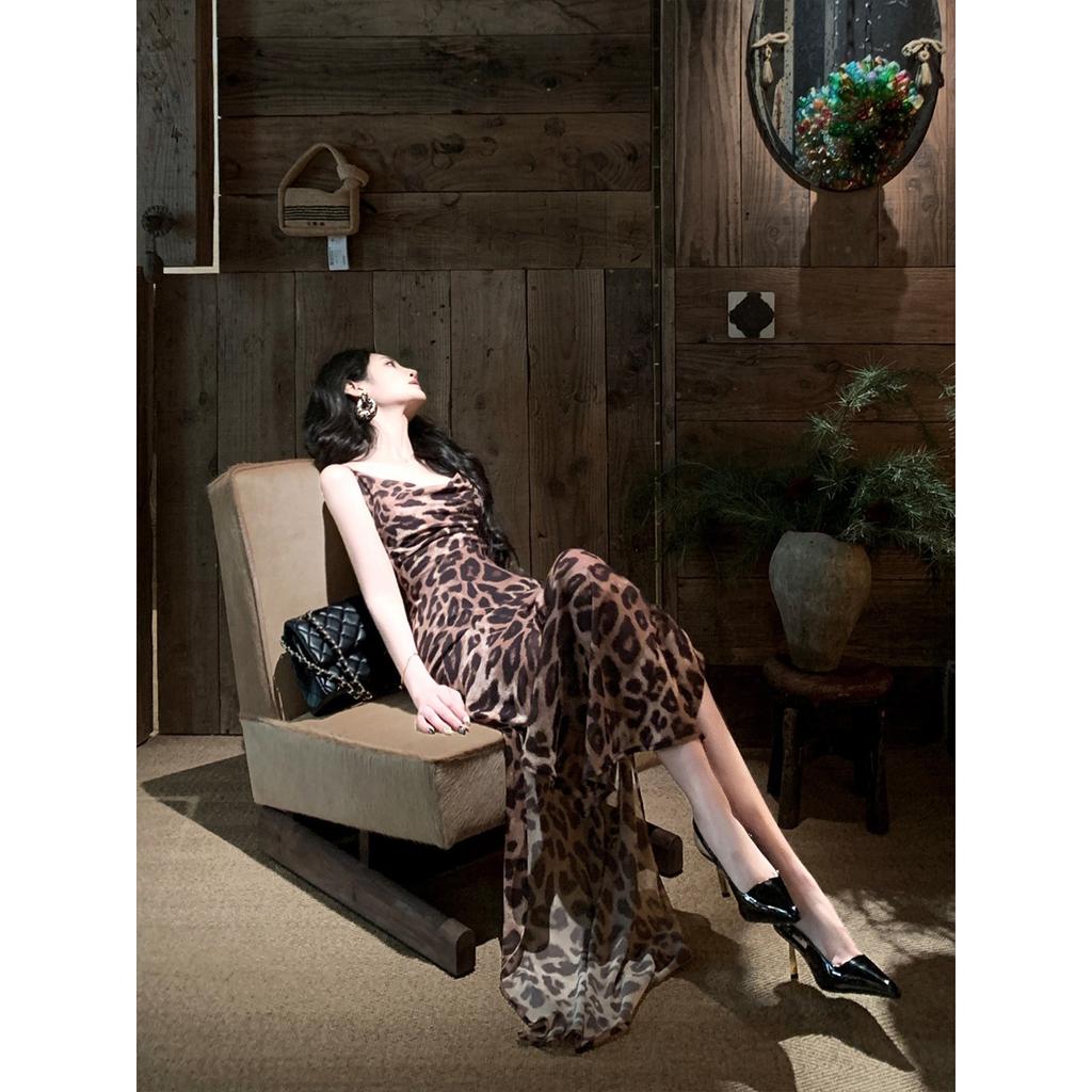 Spice Girl Leopard Print Suspender Halter Strap Dress Women's Summer Pure Desire Temperament Versatile and Thin Dress Split-ended Long Dress