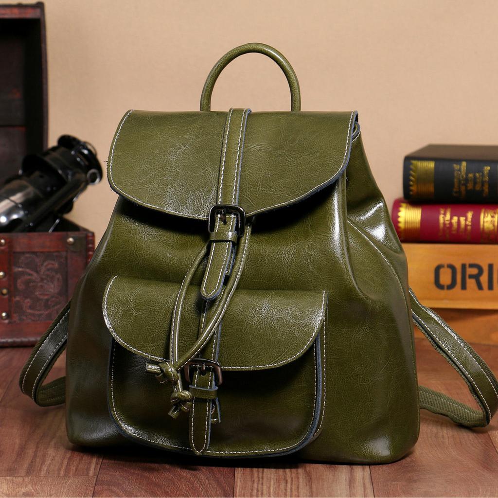 Women's Fashion Trend Leather Backpack Leisure Travel Oil Wax Soft Leather Small Backpack