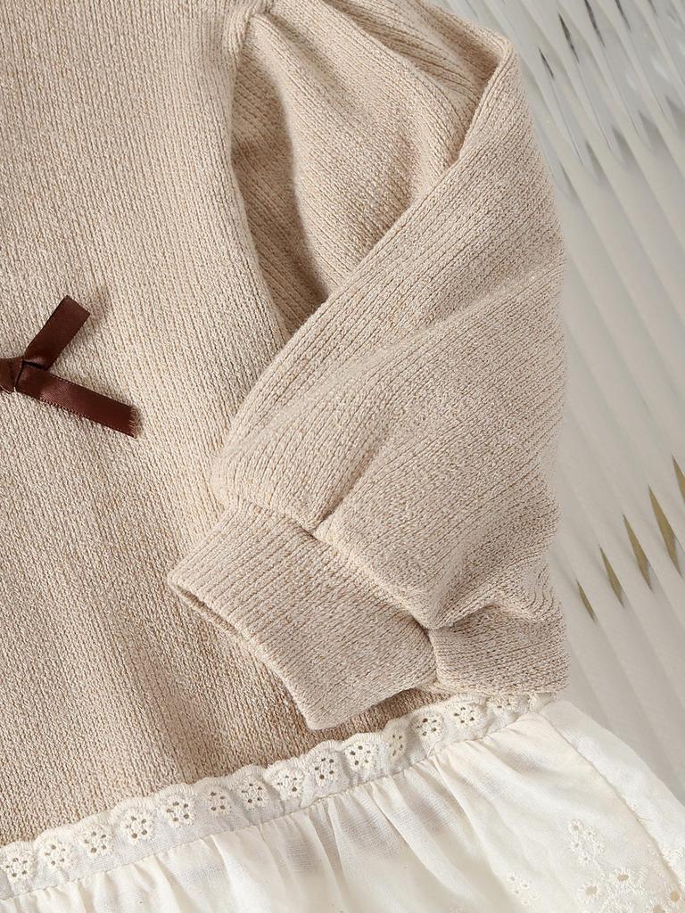 Girls' 2-Piece Set: Korean-Style Sweet Lace-Trimmed Top with Cut-Outs and Ribbon Bow, Paired with Soft, Cozy Casual Pants (Autumn/Winter)