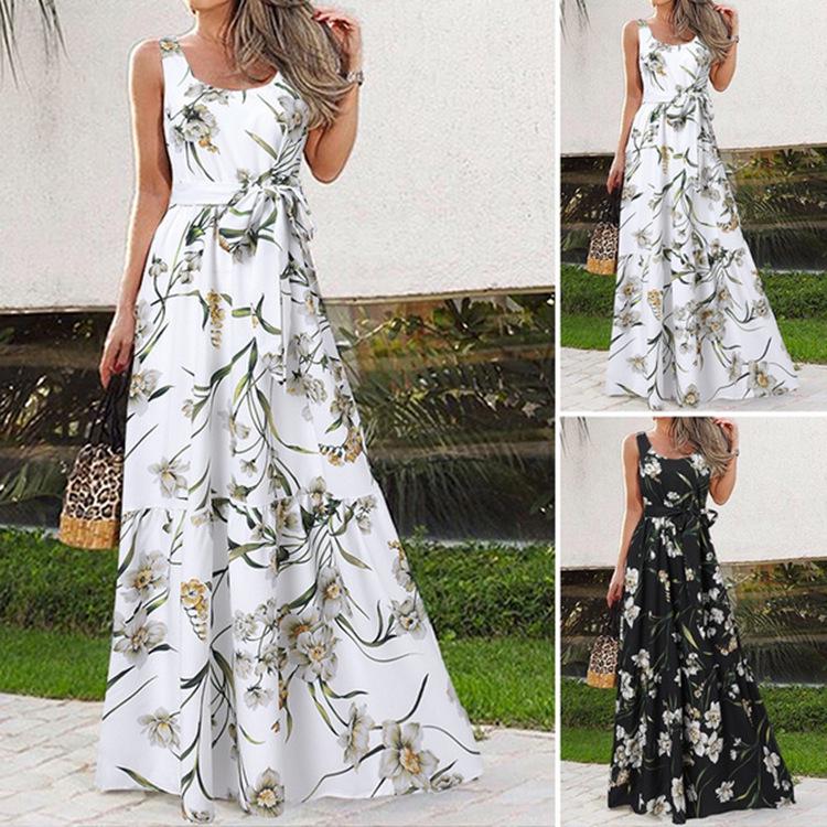 European & American Summer Print Casual Long Dress with Belt 2023