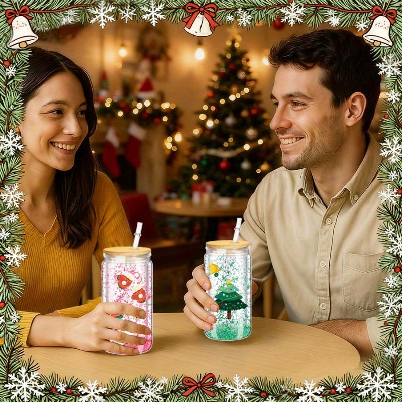 6PCS 16oz Clear Plastic Cup Bamboo Lids Straw Cup Double Wall Snow Globe Tumbler Pre-Drilled Water Bottle Mason Jar Mug Drinking