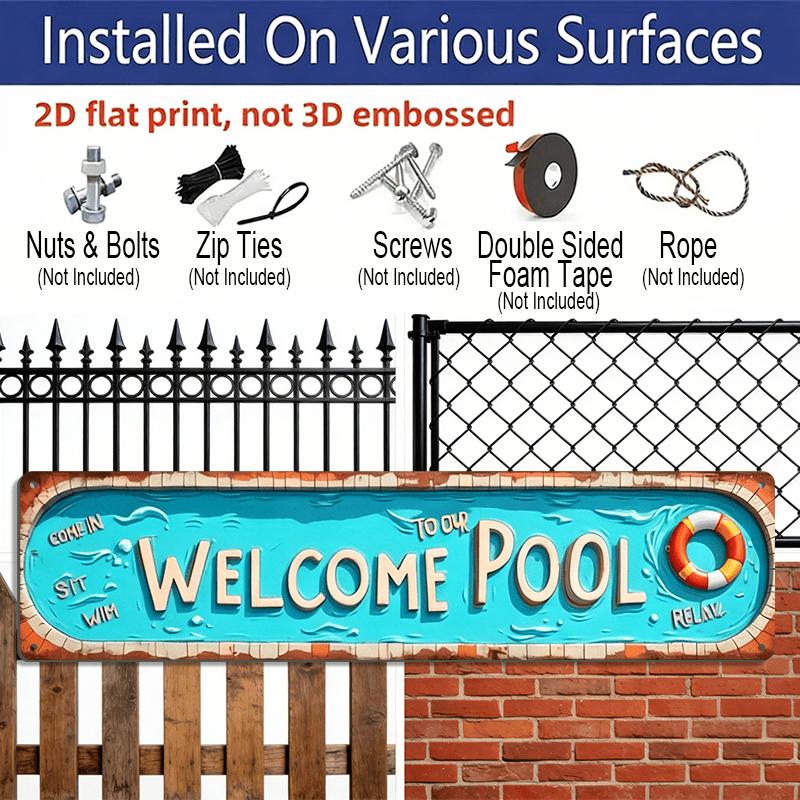 2D Flat, 1pc Vintage Welcome Pool Metal Sign - Rustic Summer Party Themed Aluminium Decorative Sign, 15.7×3.94inch, for Indoor/Outdoor Use, Suitable