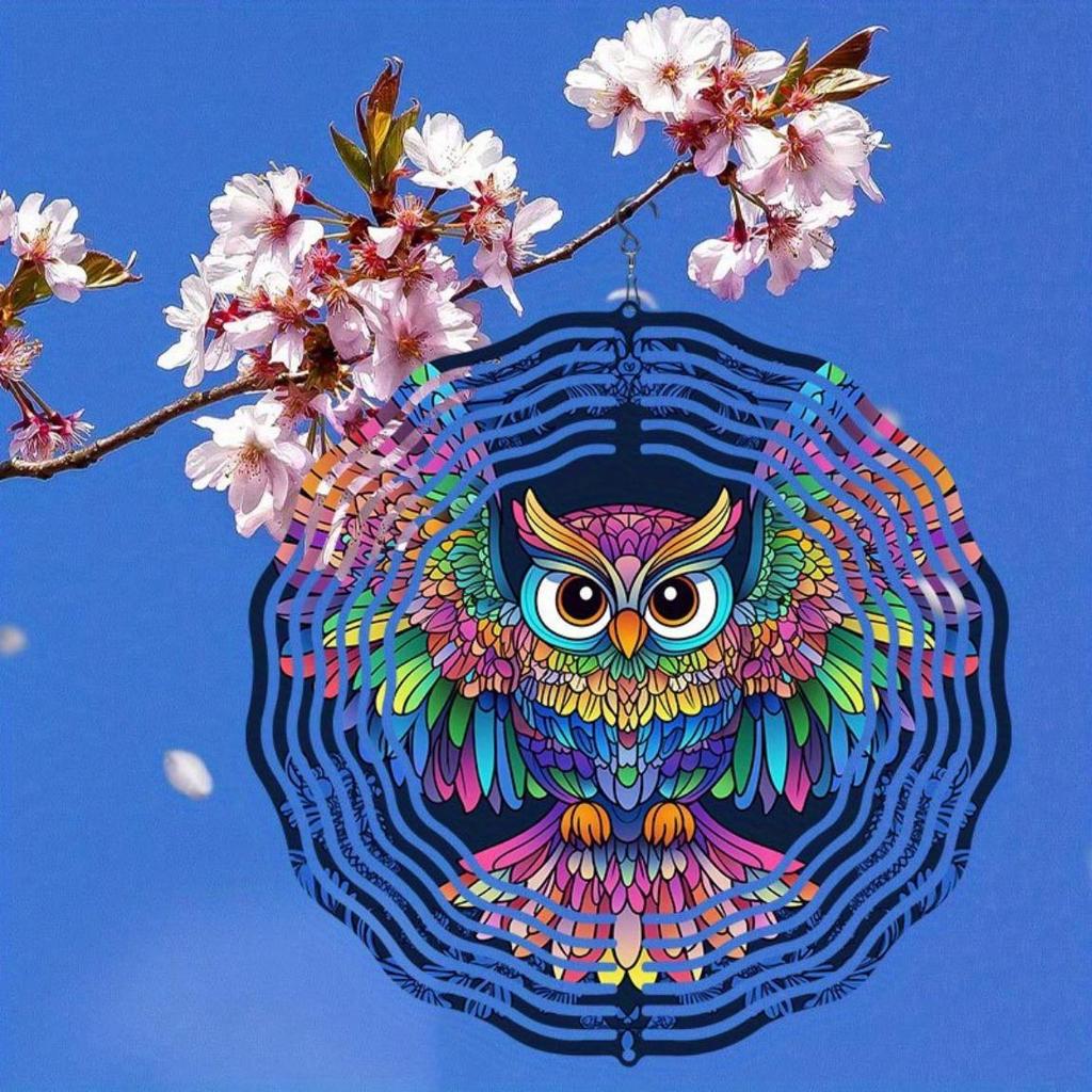 Colorful 3D Owl Metal Wind Chime - Outdoor Hanging Garden Decor with 360° Rotating Hook, Handcrafted Patio Ornament for Home, Wedding