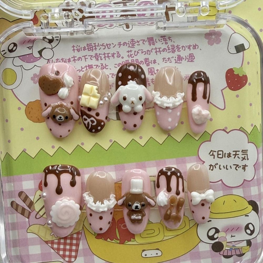 10Pcs Kawaii 3D Cartoon Rabbit Bear Handmade Almond Press On Nails With Dessert Chocolate Cream Cake Bowknot Pearl Stars