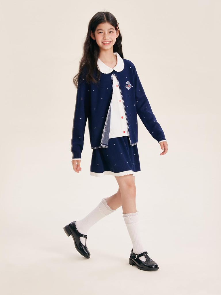 Barry Banny Strick Lang Rund Marineblau Gepunktet Bestickt Faux Niedlich und Stilvoll Größe 160 Kinder Strickjacke, Mantel, Mädchenpullover, Ärmel, Kragen, Punkte, Schicht,