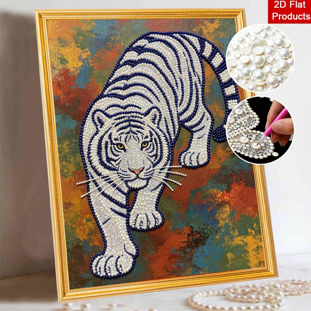 Shiny Pearl Majestic White Tiger DIY Painting Creative Bead Art Craft Household Wall Decoration Nice Present For Art Hobbyists Home Decor