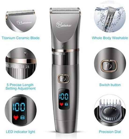 Hatteker Cordless Electric Hair Trimmer LED Beard Trimmer Grooming Set for and Professional Clipper/Trimmer/Hair - Rechargeable, Washable, Light,