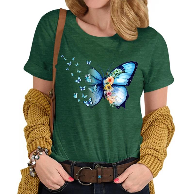 Flower Butterfly Lover Casual Tops Vintage Flower Design Tshirt Female Butterfly Print Premium Casual Short Sleeve TShirt Women