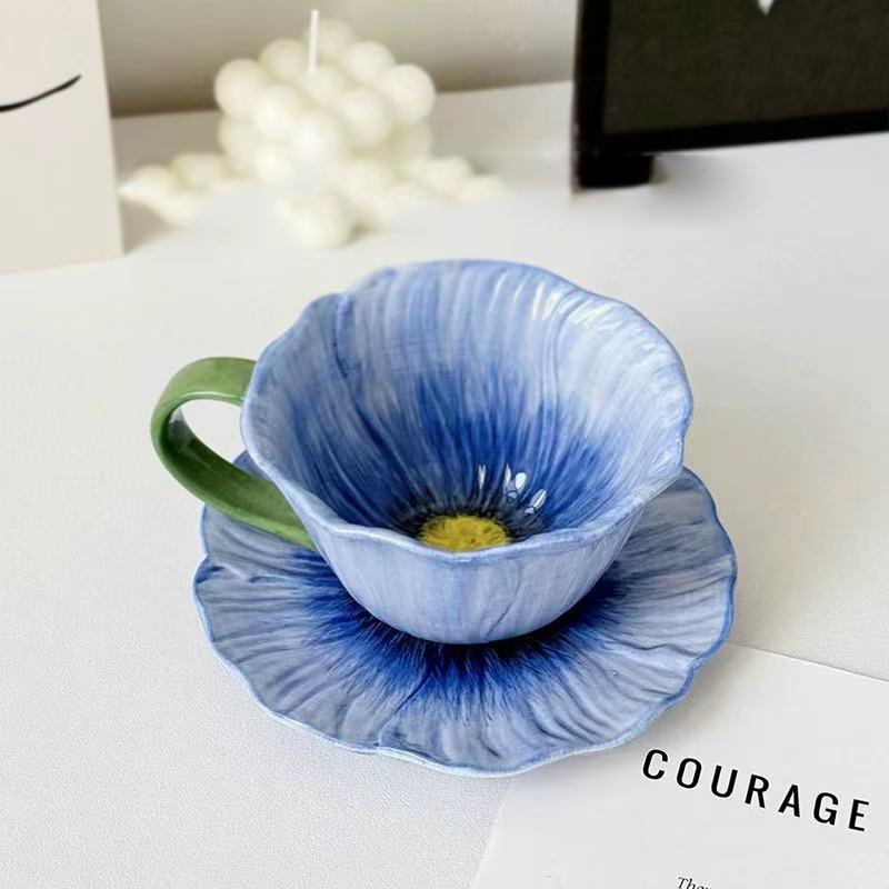 300ML European Ceramic Coffee Cup Saucer Flower Shape Mug Delicate Flower Afternoon Tea Flower Tea Coffee Cup Breakfast Milk Mug