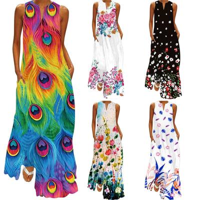2024 Retro Printed Sleeveless V-Neck Long Summer Dress