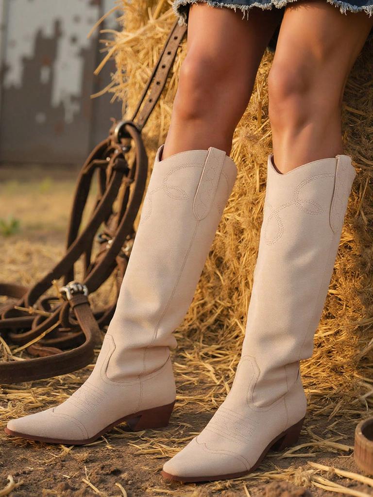 Vintage Cowgirl Western Boots Knee High Chunky Block Heel Embroidery Retro Casual Fashion Luxury Bridal Women Ridding Shoes