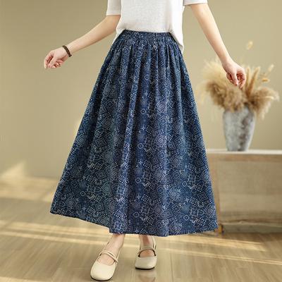 Real Shot Summer New Literary Loose Printing Elastic Waist Skirt Women's Medium and Long Umbrella Skirt