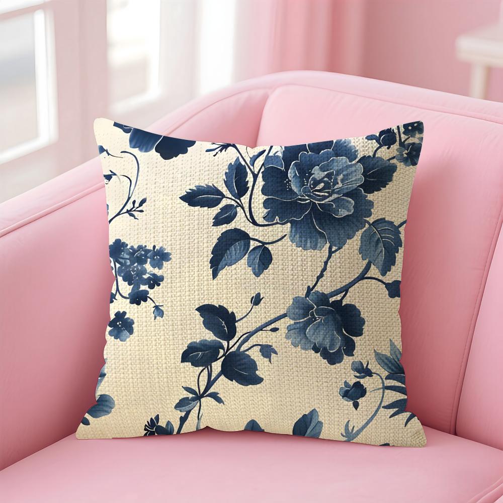 Blue Pattern Hot Cushion Cover Natural Linen Pillow Case DoubleSided Print Decorative Sofa Pillowcase Home Decor Gift