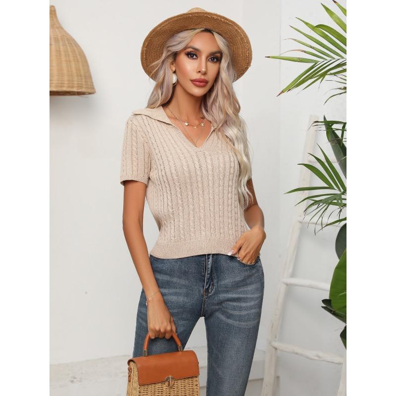 Twisted Lapel Short-sleeved Knit Sweater Women's Stranded Short Tops Summer Cross-border Women's Clothing