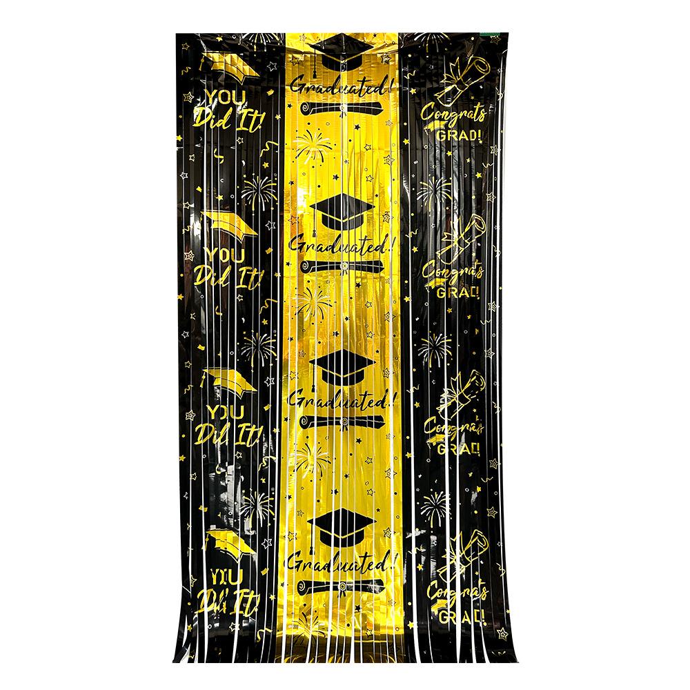 2026 Graduation Square Foil Fringe Curtain Metallic Tinsel Backdrop Door Curtain with Grad Cap Theme for Graduation Party